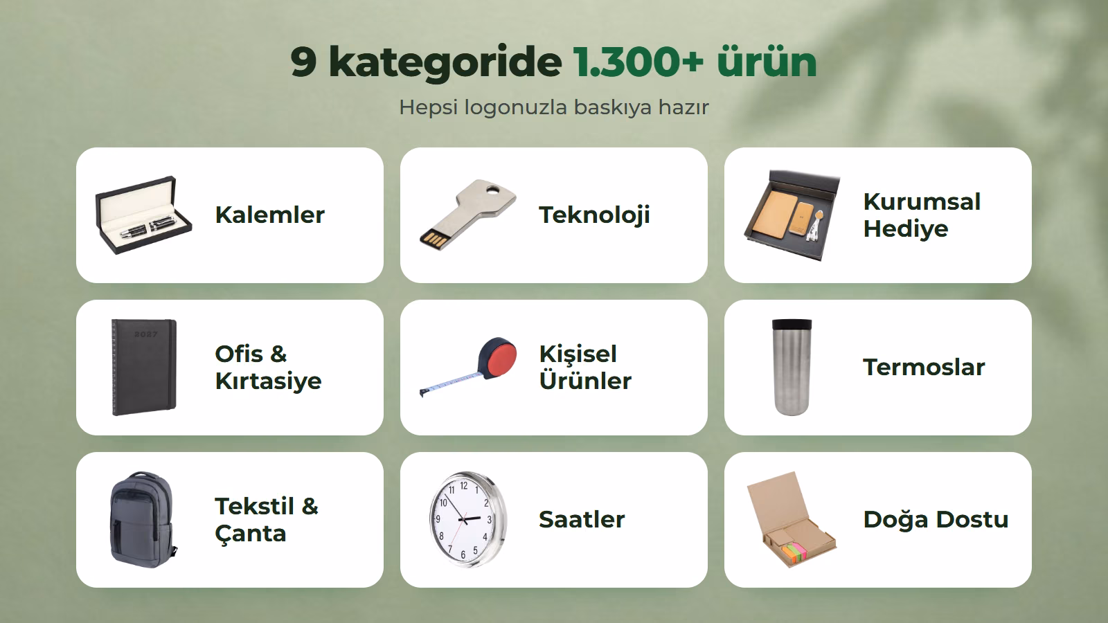 Duru Promosyon'un 9 kategorisi: kalemler, teknoloji, kurumsal hediye, ofis ve kırtasiye, kişisel ürünler, termoslar, tekstil ve çanta, saatler, doğa dostu ürünler