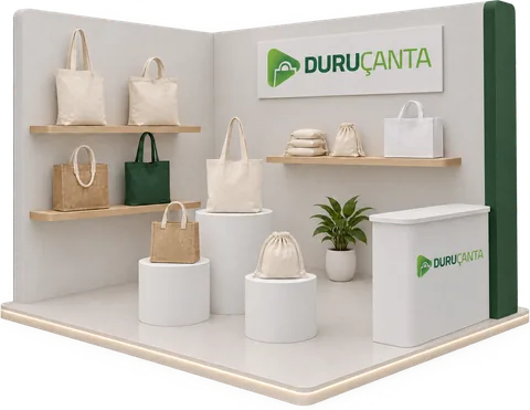 Duru Çanta'nın MÜSİAD EXPO 2026 standı: raflarda bez çanta ürün grupları